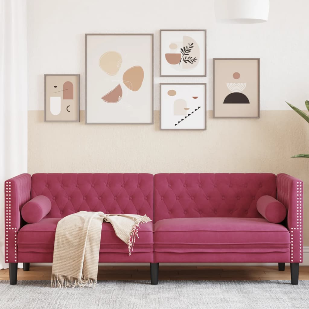 vidaXL Canapea Chesterfield cu pernuțe/3 locuri, roșu vin, catifea vidaXL Canapea Chesterfield cu pernuțe/3 locuri, roșu vin, catifea