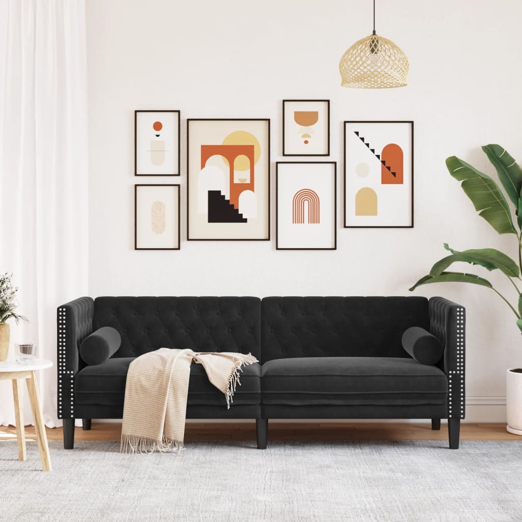 vidaXL Canapea Chesterfield cu pernuțe/3 locuri, negru, catifea vidaXL Canapea Chesterfield cu pernuțe/3 locuri, negru, catifea