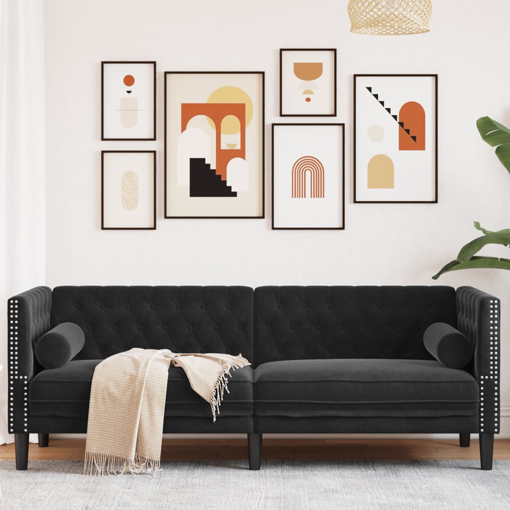 vidaXL Canapea Chesterfield cu pernuțe/3 locuri, negru, catifea vidaXL Canapea Chesterfield cu pernuțe/3 locuri, negru, catifea
