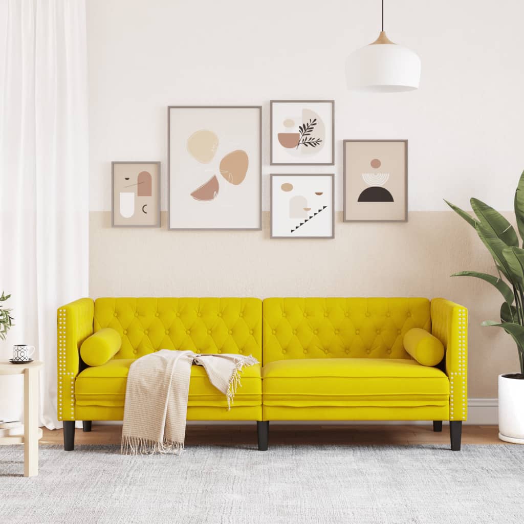 vidaXL Canapea Chesterfield cu pernuțe/3 locuri, galben, catifea vidaXL Canapea Chesterfield cu pernuțe/3 locuri, galben, catifea