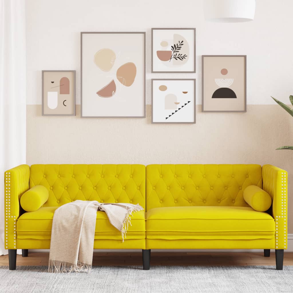 vidaXL Canapea Chesterfield cu pernuțe/3 locuri, galben, catifea vidaXL Canapea Chesterfield cu pernuțe/3 locuri, galben, catifea