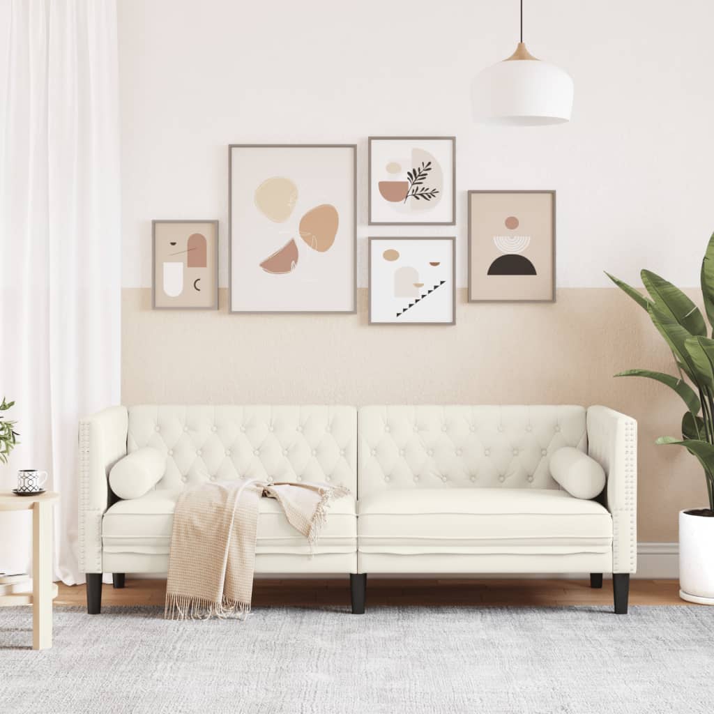 vidaXL Canapea Chesterfield cu pernuțe/3 locuri, crem, catifea vidaXL Canapea Chesterfield cu pernuțe/3 locuri, crem, catifea