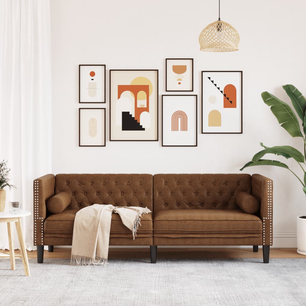 vidaXL Canapea Chesterfield cu perne/3 locuri maro piele întoarsă eco. vidaXL Canapea Chesterfield cu perne/3 locuri maro piele întoarsă eco.