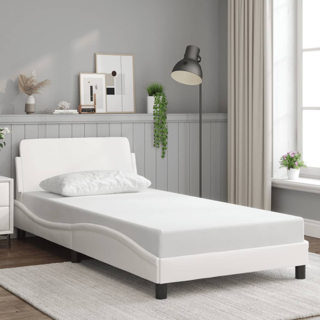 vidaXL Cadru de pat cu tăblie, alb, 100x200 cm, piele ecologică vidaXL Cadru de pat cu tăblie, alb, 100x200 cm, piele ecologică