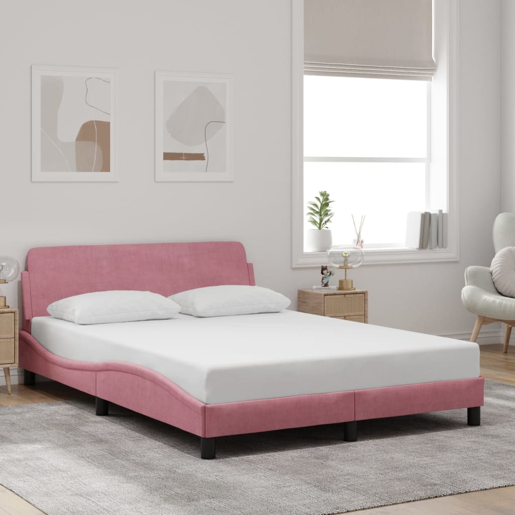 vidaXL Cadru de pat cu tăblie fără saltea, roz, 140x190 cm, catifea vidaXL Cadru de pat cu tăblie fără saltea, roz, 140x190 cm, catifea