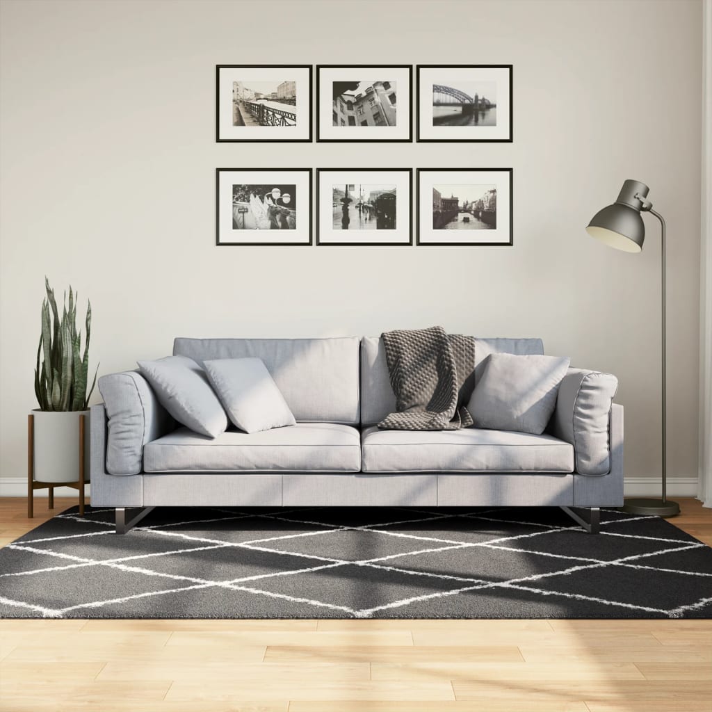 vidaXL Covor pufos "PAMPLONA" fire înalte negru/crem modern 140x200 cm