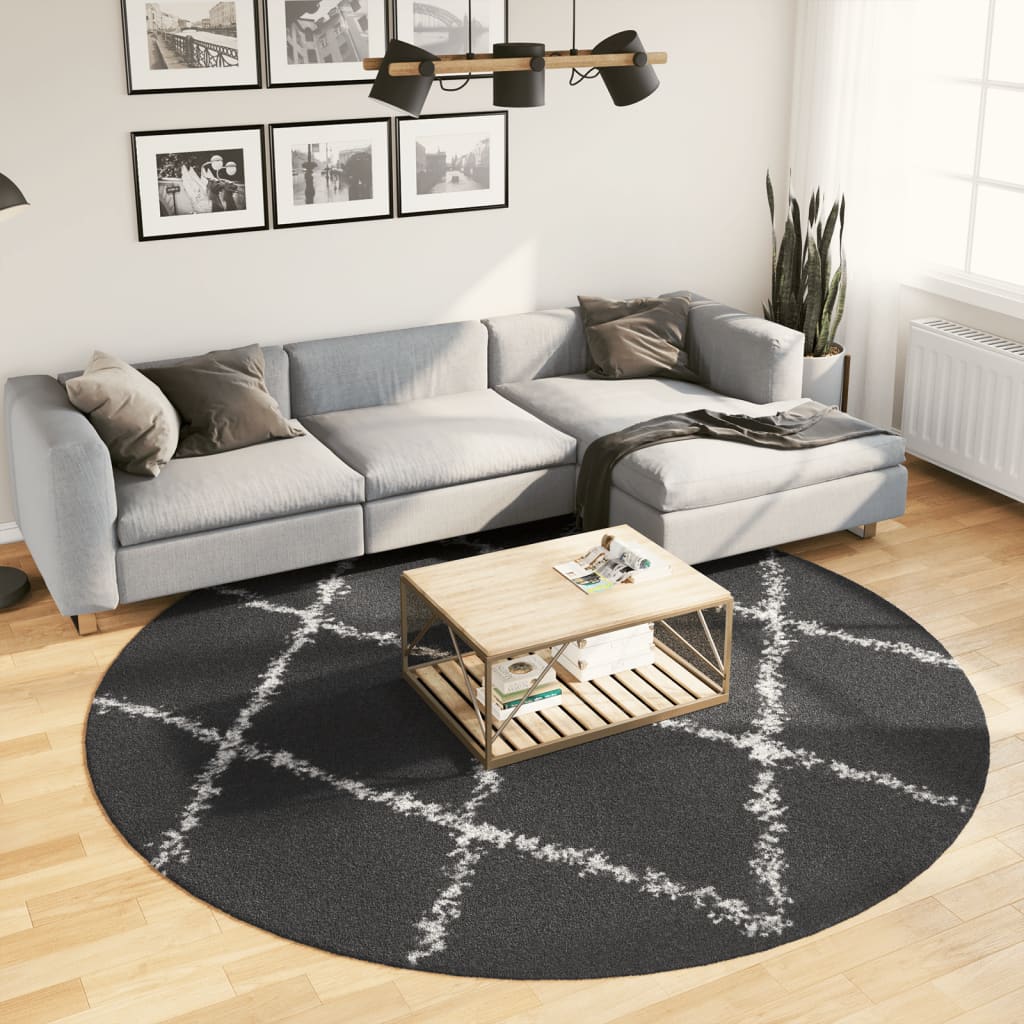 vidaXL Covor pufos "PAMPLONA" fire înalte negru/crem modern Ø 240 cm