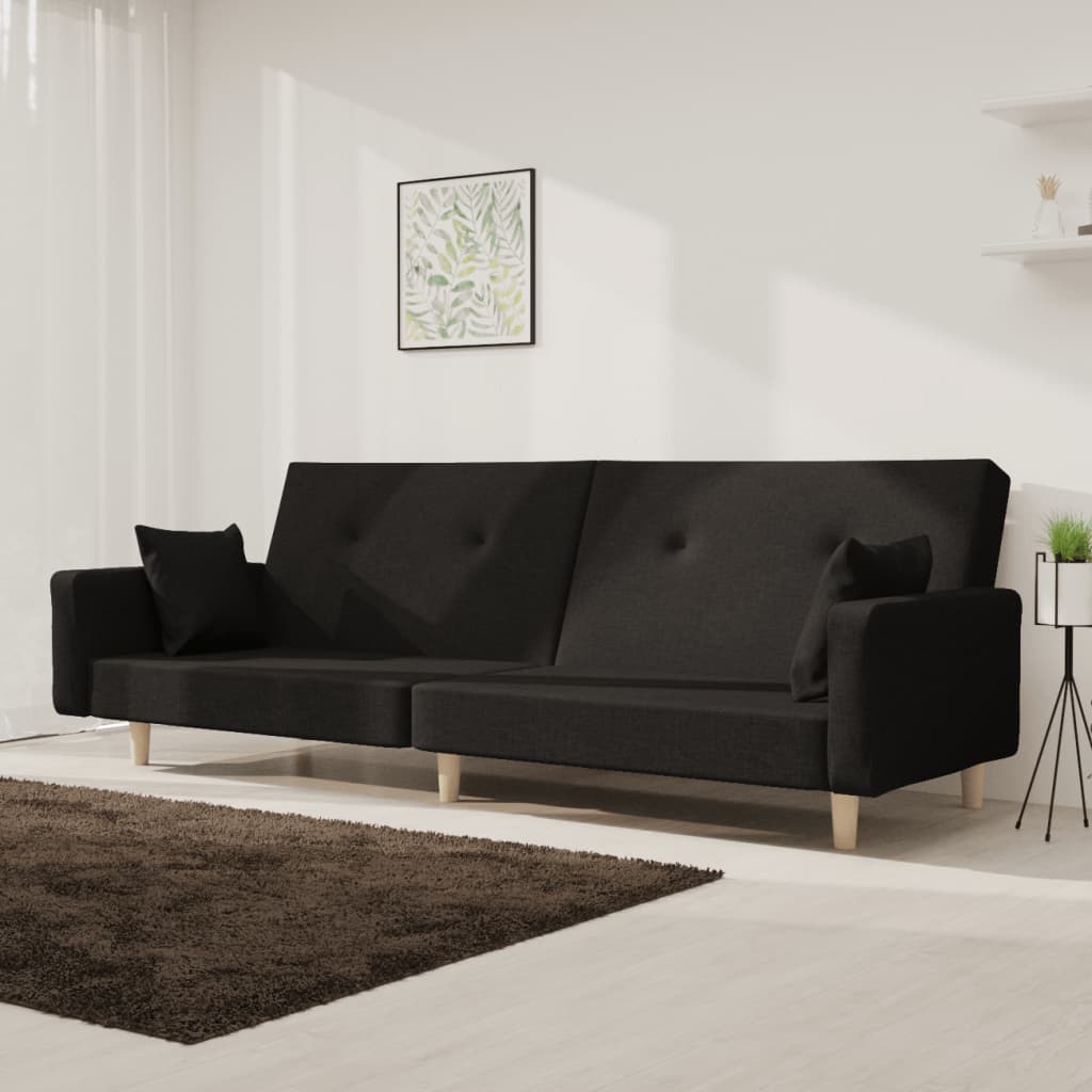 vidaXL Canapea extensibilă cu 2 locuri, 2 perne, negru, textil vidaXL Canapea extensibilă cu 2 locuri, 2 perne, negru, textil