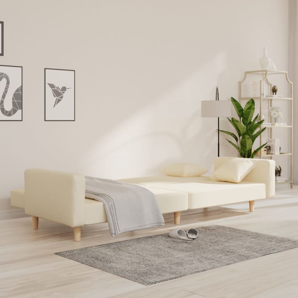 vidaXL Canapea extensibilă cu 2 locuri, 2 perne, crem, textil vidaXL Canapea extensibilă cu 2 locuri, 2 perne, crem, textil