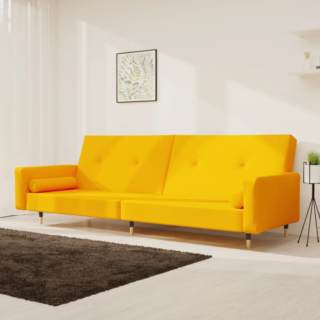 vidaXL Canapea extensibilă cu 2 locuri, 2 perne, galben, catifea vidaXL Canapea extensibilă cu 2 locuri, 2 perne, galben, catifea