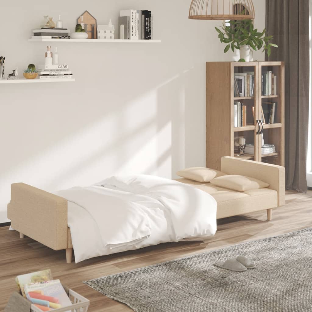 vidaXL Canapea extensibilă cu 2 locuri, 2 perne, crem, textil vidaXL Canapea extensibilă cu 2 locuri, 2 perne, crem, textil
