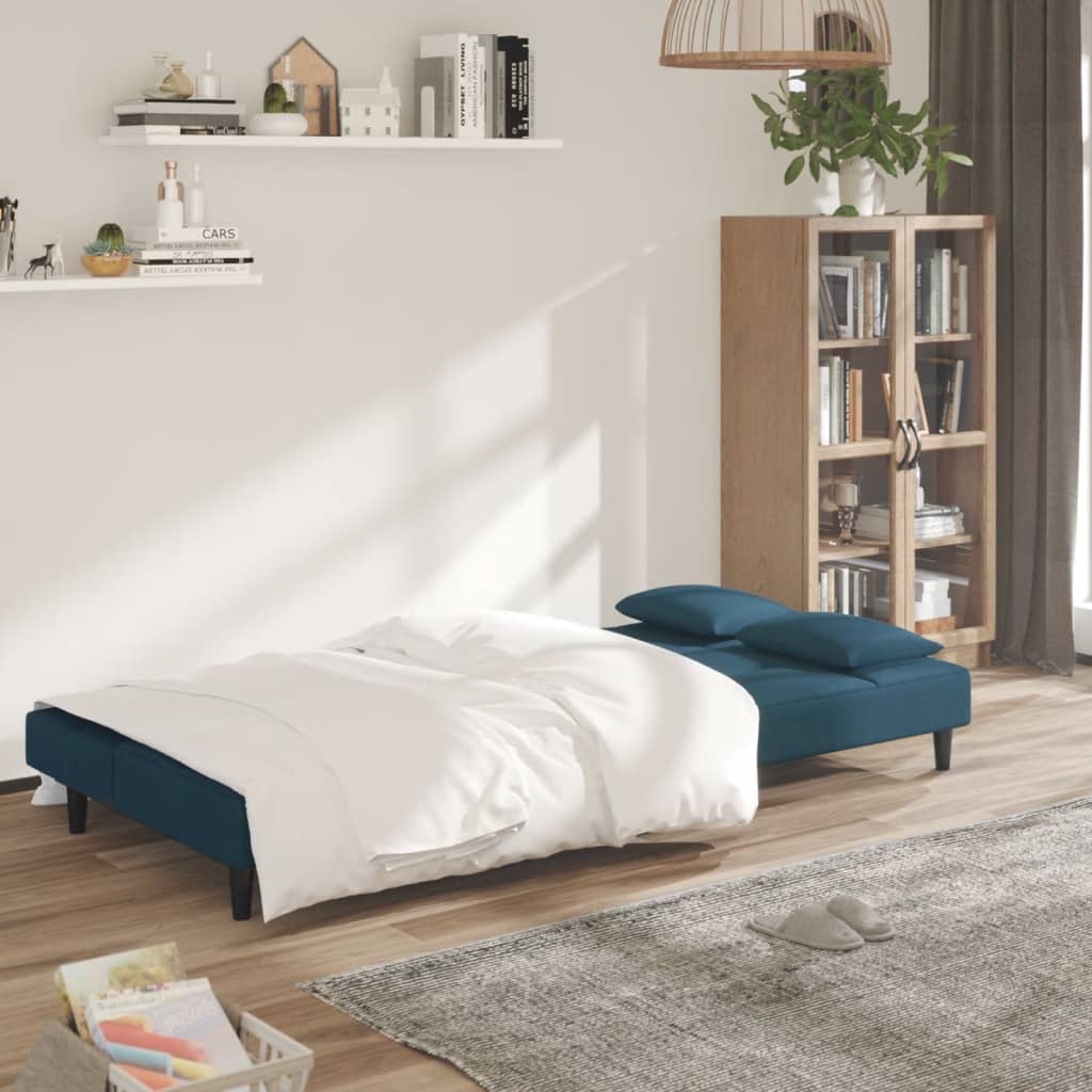 vidaXL Canapea extensibilă cu 2 locuri, 2 perne, albastru, catifea vidaXL Canapea extensibilă cu 2 locuri, 2 perne, albastru, catifea