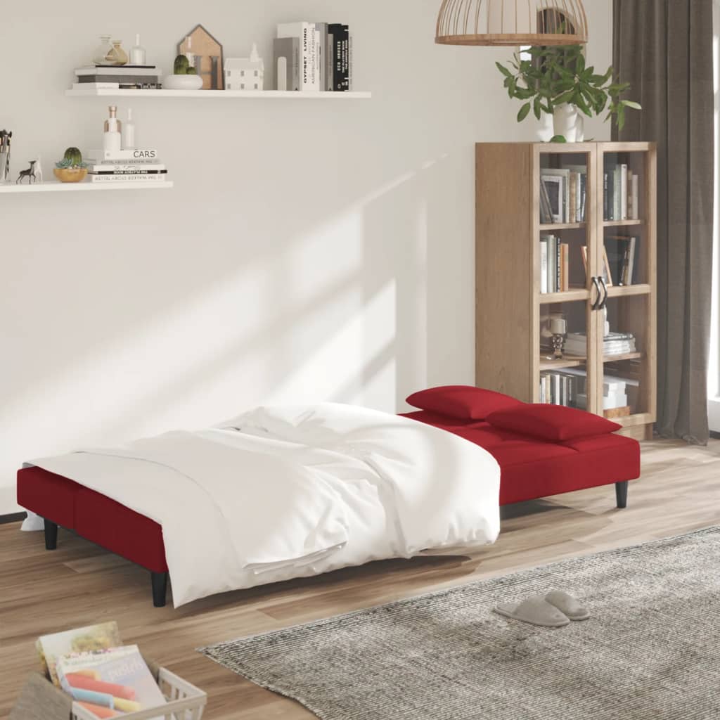vidaXL Canapea extensibilă cu 2 locuri, 2 perne, roșu vin, catifea