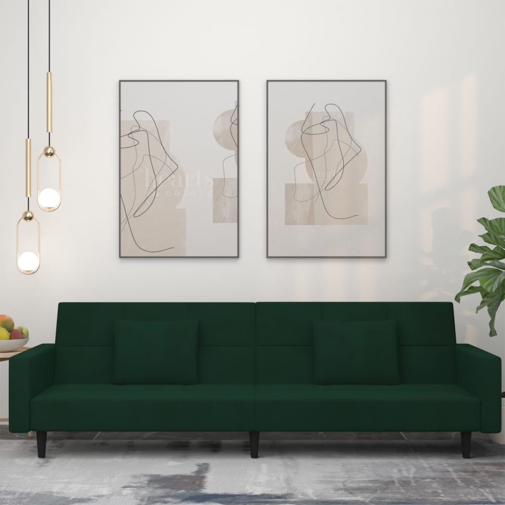 vidaXL Canapea extensibilă cu 2 locuri, 2 perne, verde închis catifea vidaXL Canapea extensibilă cu 2 locuri, 2 perne, verde închis catifea