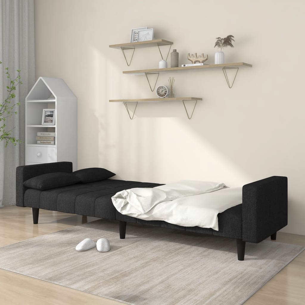 vidaXL Canapea extensibilă cu 2 locuri, 2 perne, negru, textil vidaXL Canapea extensibilă cu 2 locuri, 2 perne, negru, textil