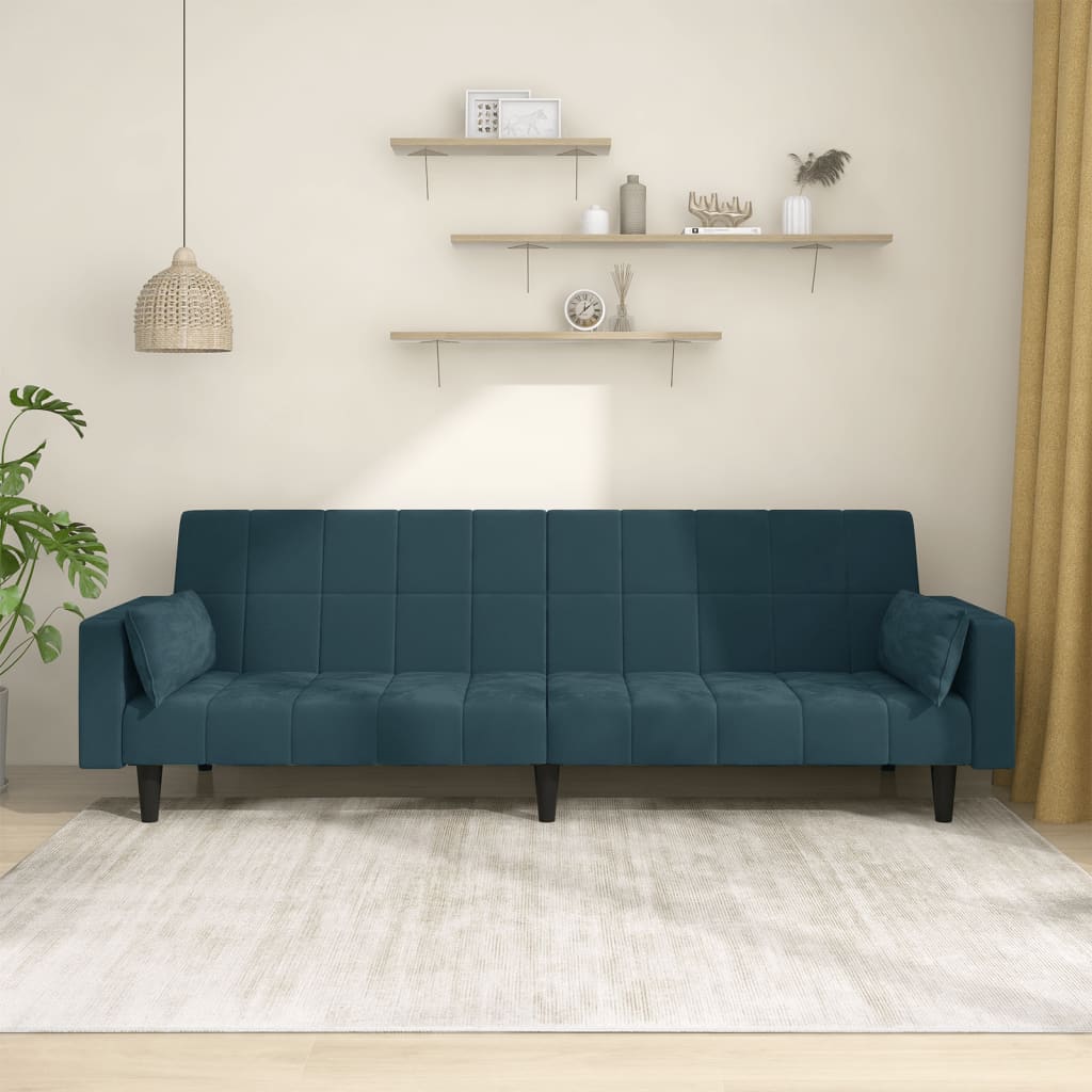 vidaXL Canapea extensibilă cu 2 locuri, 2 perne, albastru, catifea vidaXL Canapea extensibilă cu 2 locuri, 2 perne, albastru, catifea