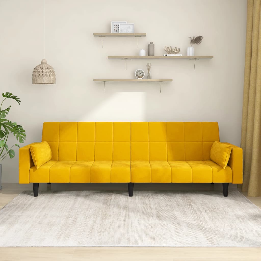 vidaXL Canapea extensibilă cu 2 locuri, 2 perne, galben, catifea vidaXL Canapea extensibilă cu 2 locuri, 2 perne, galben, catifea