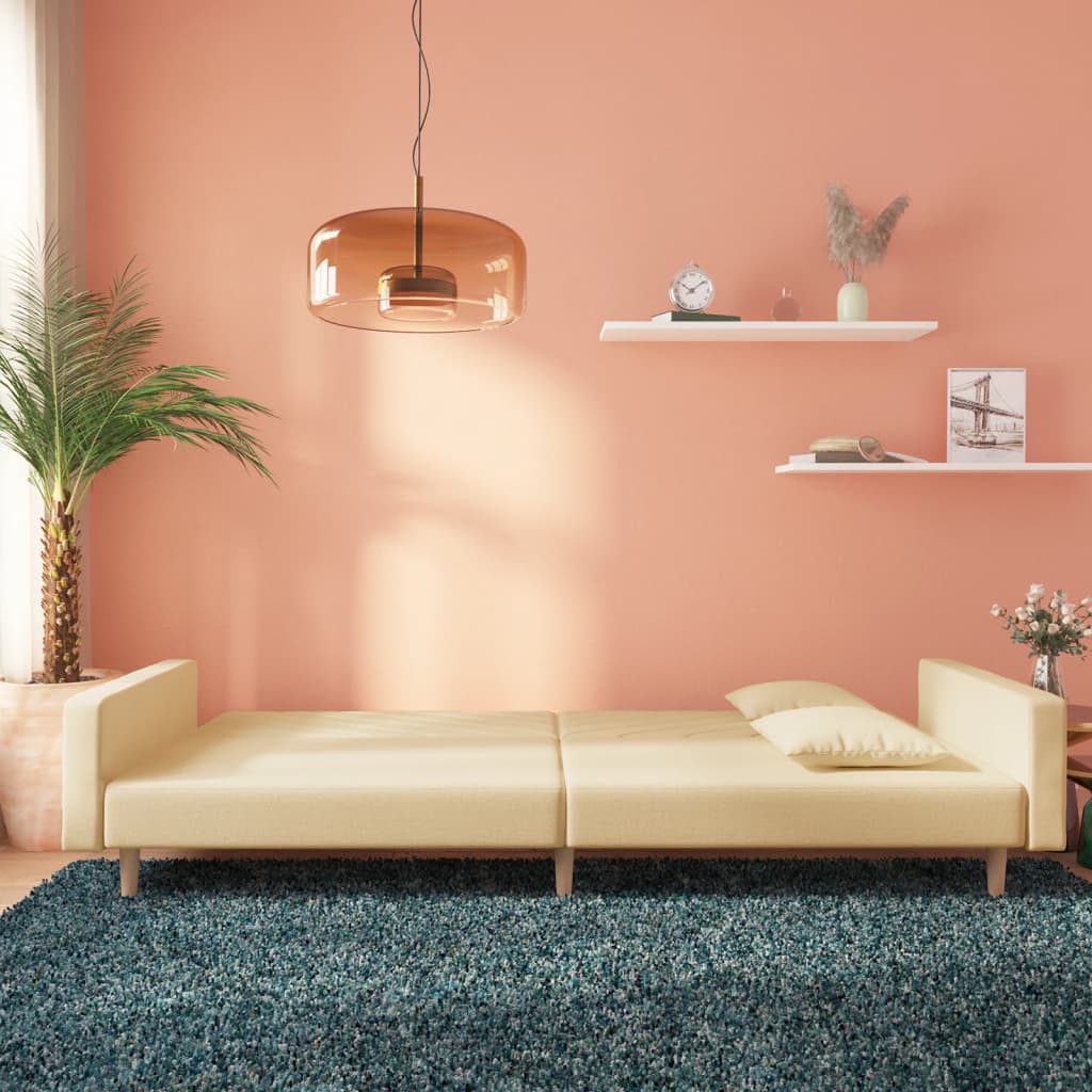 vidaXL Canapea extensibilă cu 2 locuri, 2 perne, crem, textil