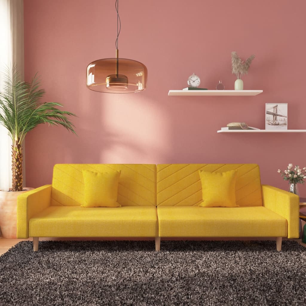 vidaXL Canapea extensibilă cu 2 locuri, 2 perne, galben, textil vidaXL Canapea extensibilă cu 2 locuri, 2 perne, galben, textil