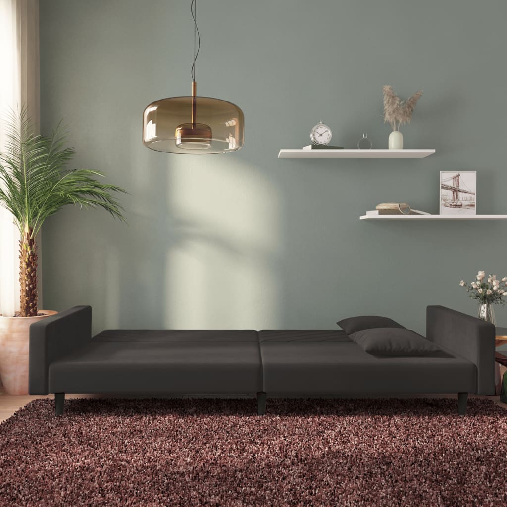 vidaXL Canapea extensibilă cu 2 locuri, 2 perne, negru, catifea vidaXL Canapea extensibilă cu 2 locuri, 2 perne, negru, catifea