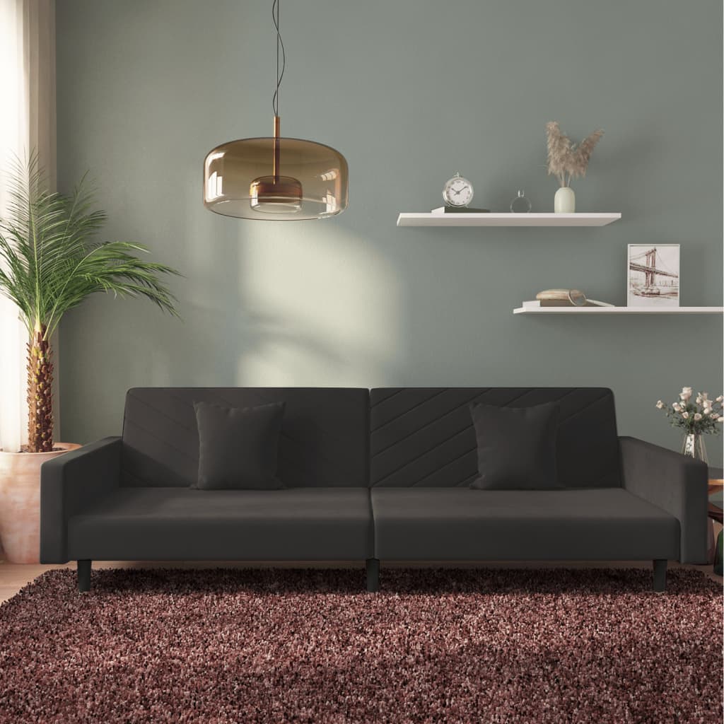 vidaXL Canapea extensibilă cu 2 locuri, 2 perne, negru, catifea vidaXL Canapea extensibilă cu 2 locuri, 2 perne, negru, catifea