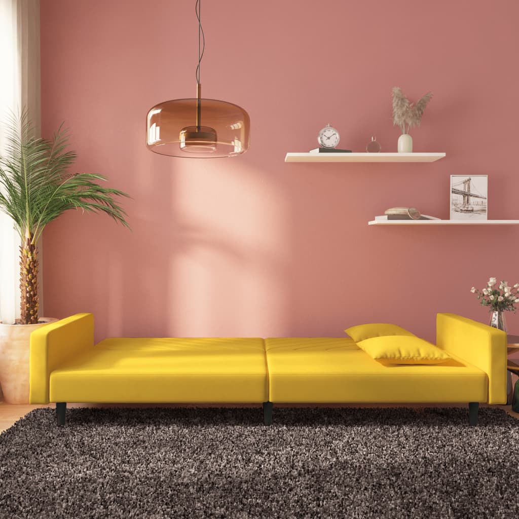 vidaXL Canapea extensibilă cu 2 locuri, 2 perne, galben, catifea vidaXL Canapea extensibilă cu 2 locuri, 2 perne, galben, catifea
