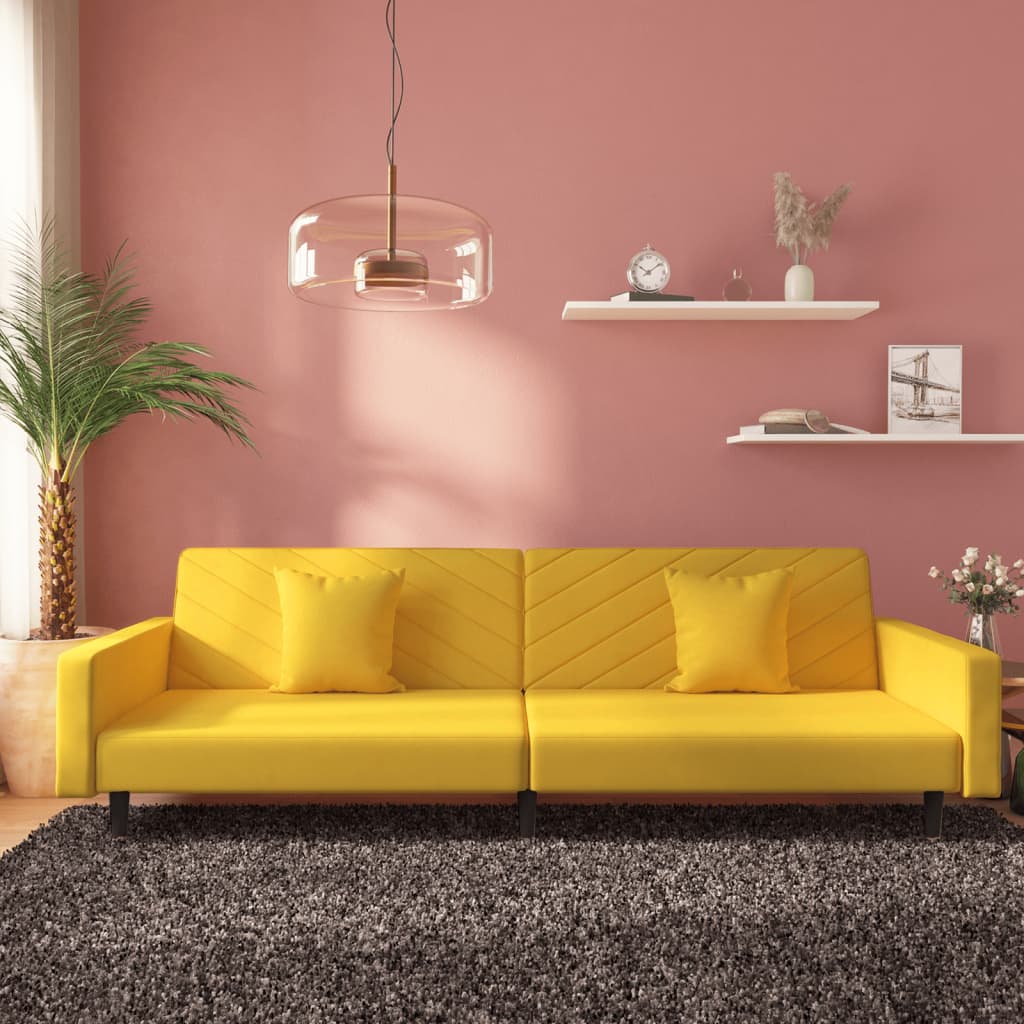 vidaXL Canapea extensibilă cu 2 locuri, 2 perne, galben, catifea vidaXL Canapea extensibilă cu 2 locuri, 2 perne, galben, catifea