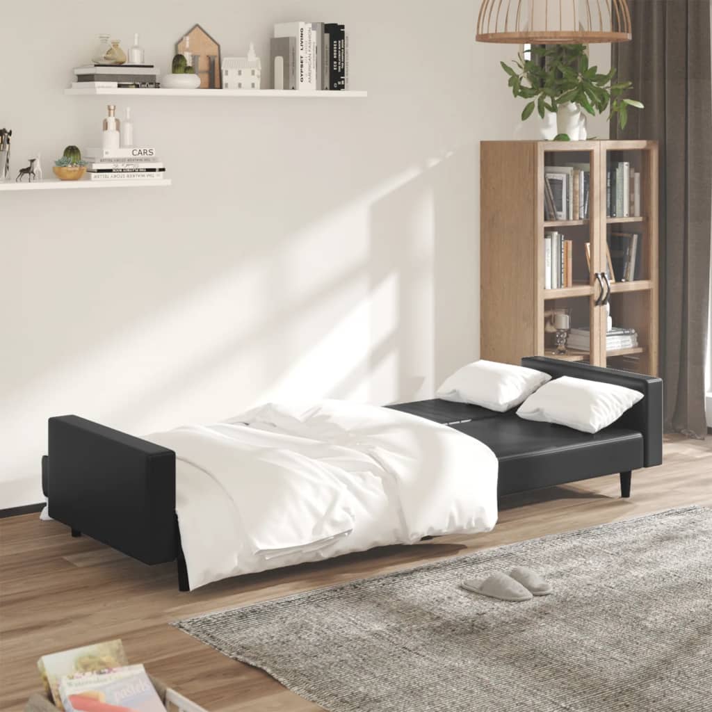 vidaXL Canapea extensibilă cu 2 locuri, negru, piele ecologică