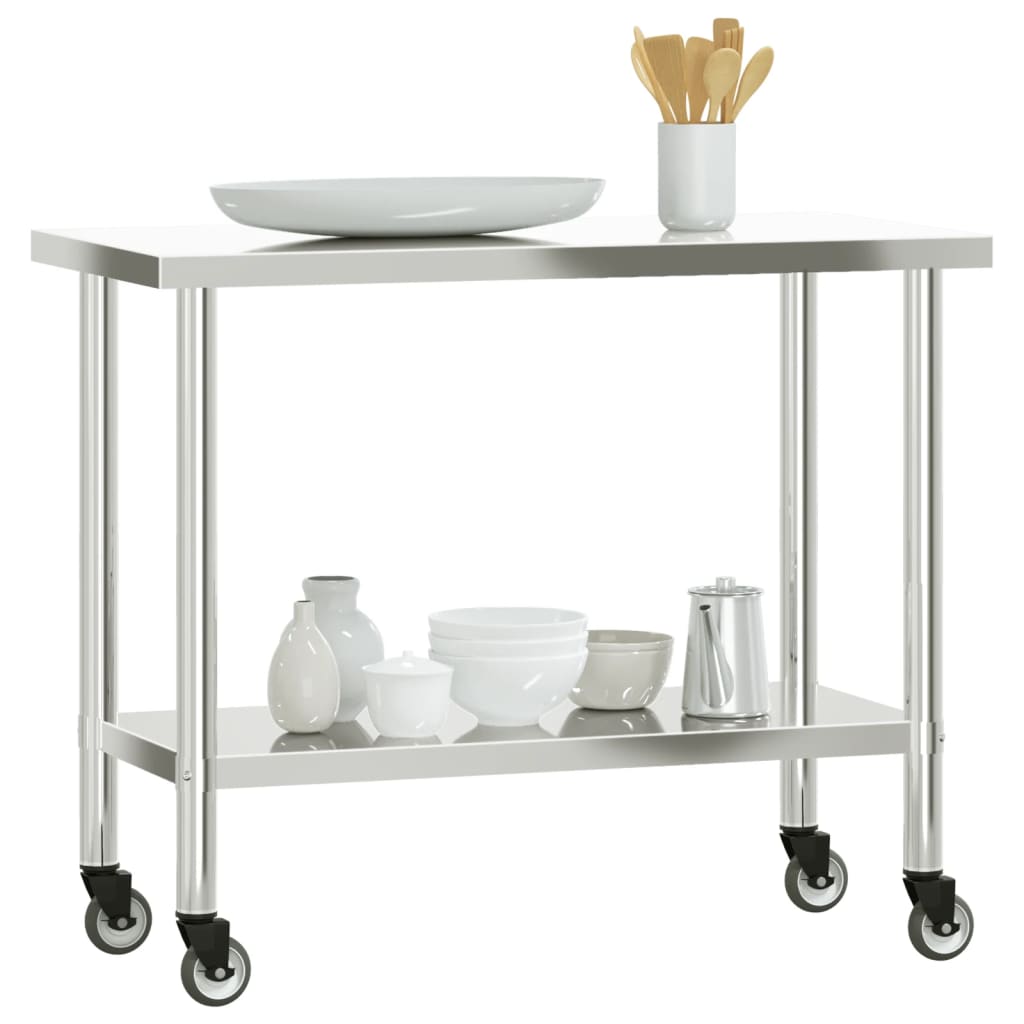 vidaXL Masă de lucru bucătărie cu roți, 110x55x85 cm, oțel inoxidabil vidaXL Masă de lucru bucătărie cu roți, 110x55x85 cm, oțel inoxidabil