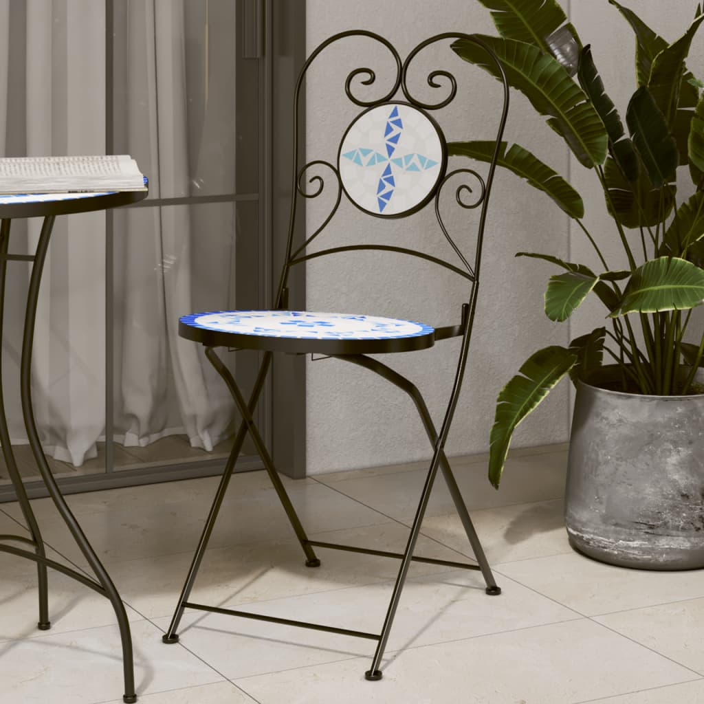 vidaXL Scaune de bistro pliabile, 2 buc., albastru și alb, ceramică vidaXL Scaune de bistro pliabile, 2 buc., albastru și alb, ceramică