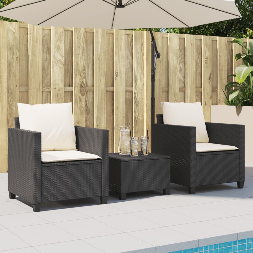 vidaXL Set bistro cu perne, 3 piese, negru, poliratan