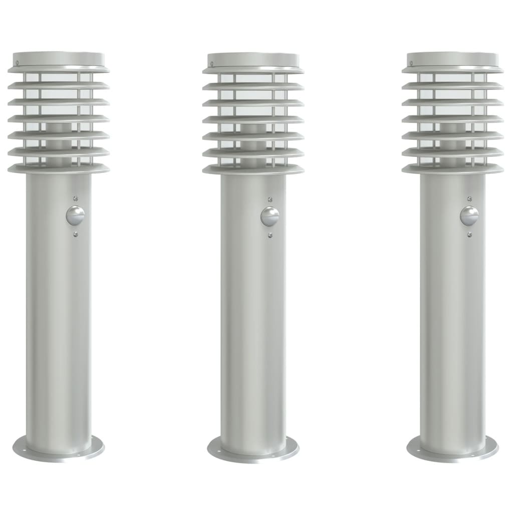 vidaXL Lămpi exterioare de podea senzor 3 buc argintiu 60 cm oțel inox vidaXL Lămpi exterioare de podea senzor 3 buc argintiu 60 cm oțel inox