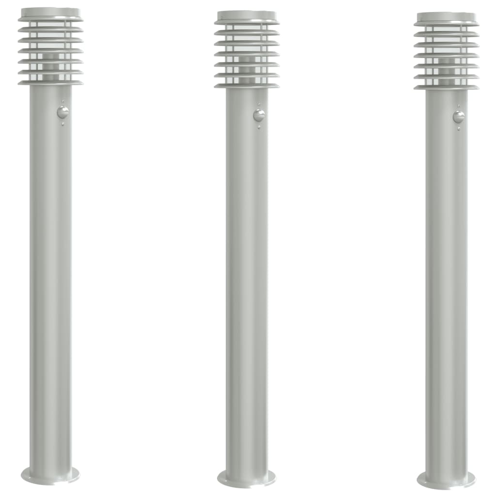 vidaXL Lămpi exterioare de podea senzor 3 buc argintiu 110cm oțel inox vidaXL Lămpi exterioare de podea senzor 3 buc argintiu 110cm oțel inox