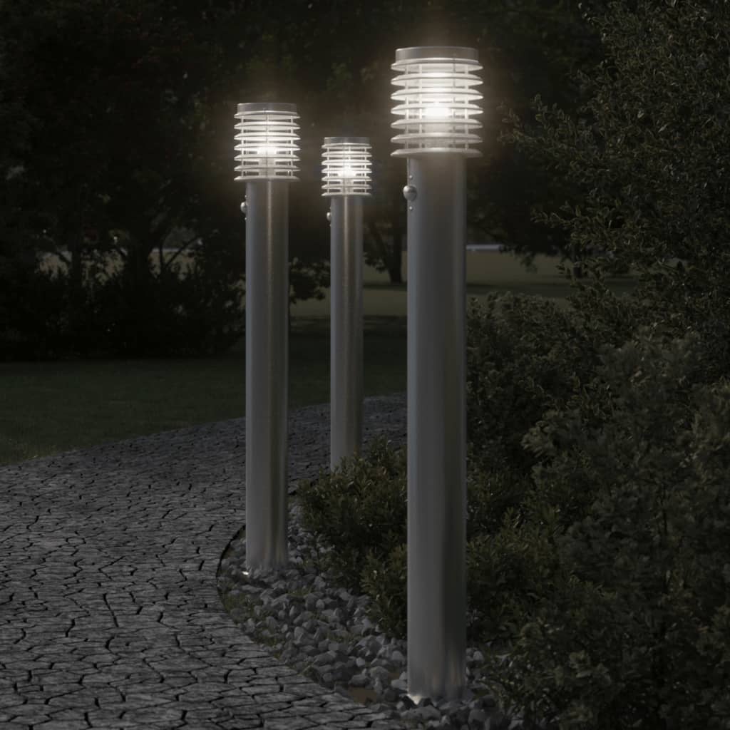 vidaXL Lămpi exterioare de podea senzor 3 buc argintiu 110cm oțel inox vidaXL Lămpi exterioare de podea senzor 3 buc argintiu 110cm oțel inox