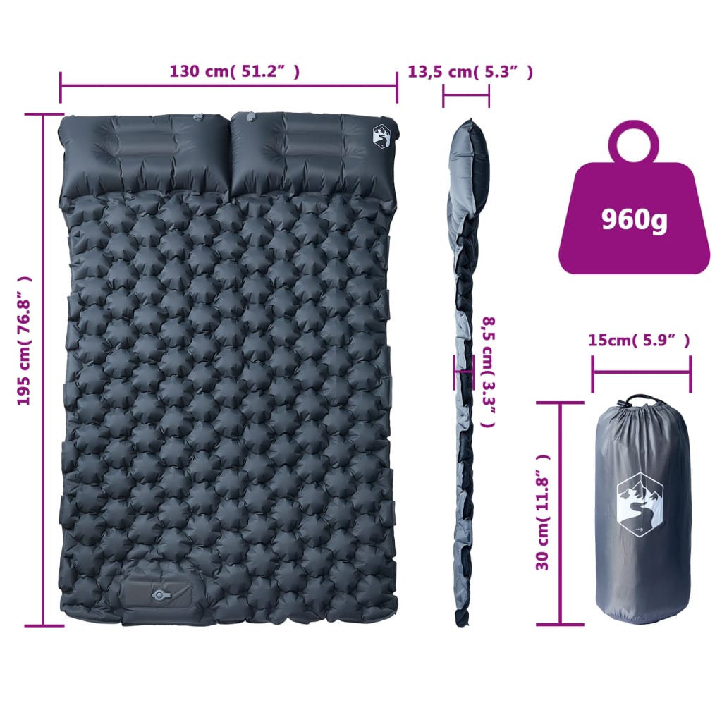 vidaXL Saltea de camping auto-gonflabilă, cu perne, 2 persoane, gri