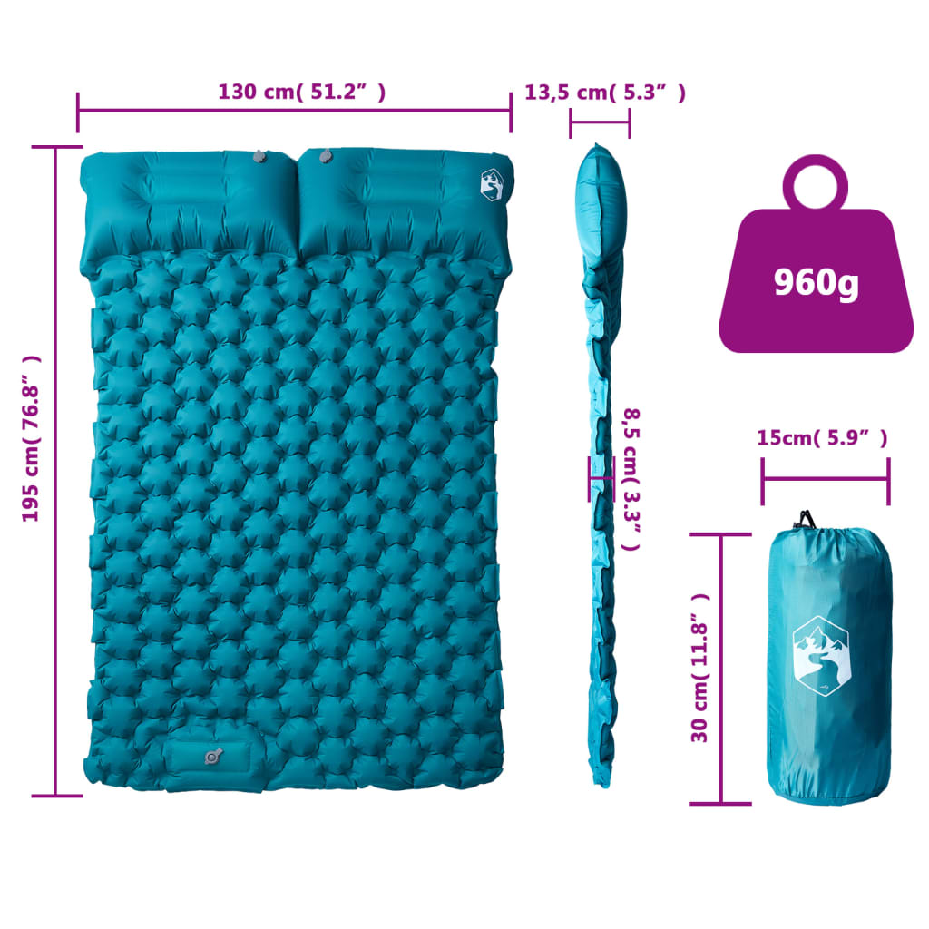 vidaXL Saltea de camping auto-gonflabilă cu perne, 2 persoane albastru