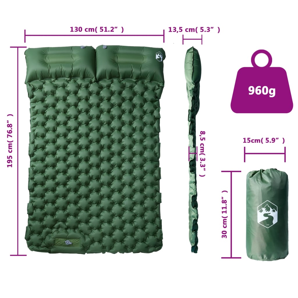 vidaXL Saltea de camping auto-gonflabilă, cu perne, 2 persoane, verde vidaXL Saltea de camping auto-gonflabilă, cu perne, 2 persoane, verde