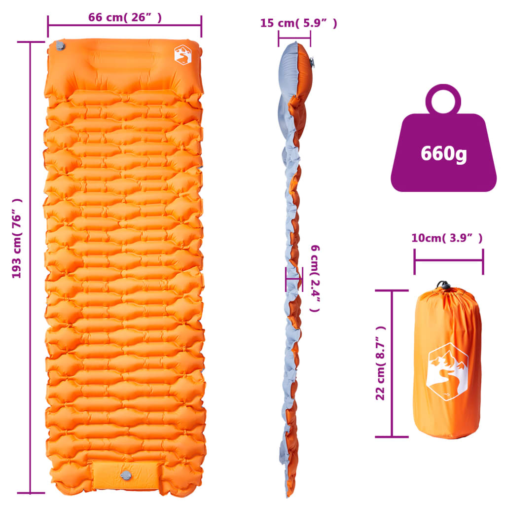 vidaXL Saltea camping auto-gonflabilă cu pernă, 1 persoană, portocaliu vidaXL Saltea camping auto-gonflabilă cu pernă, 1 persoană, portocaliu