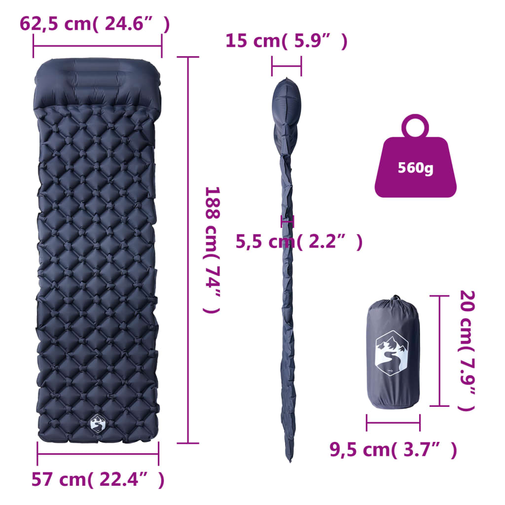 vidaXL Saltea de camping gonflabilă, cu pernă, 1 persoană, gri vidaXL Saltea de camping gonflabilă, cu pernă, 1 persoană, gri
