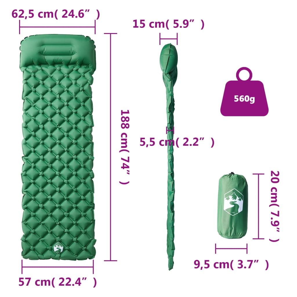 vidaXL Saltea de camping gonflabilă, cu pernă, 1 persoană, verde