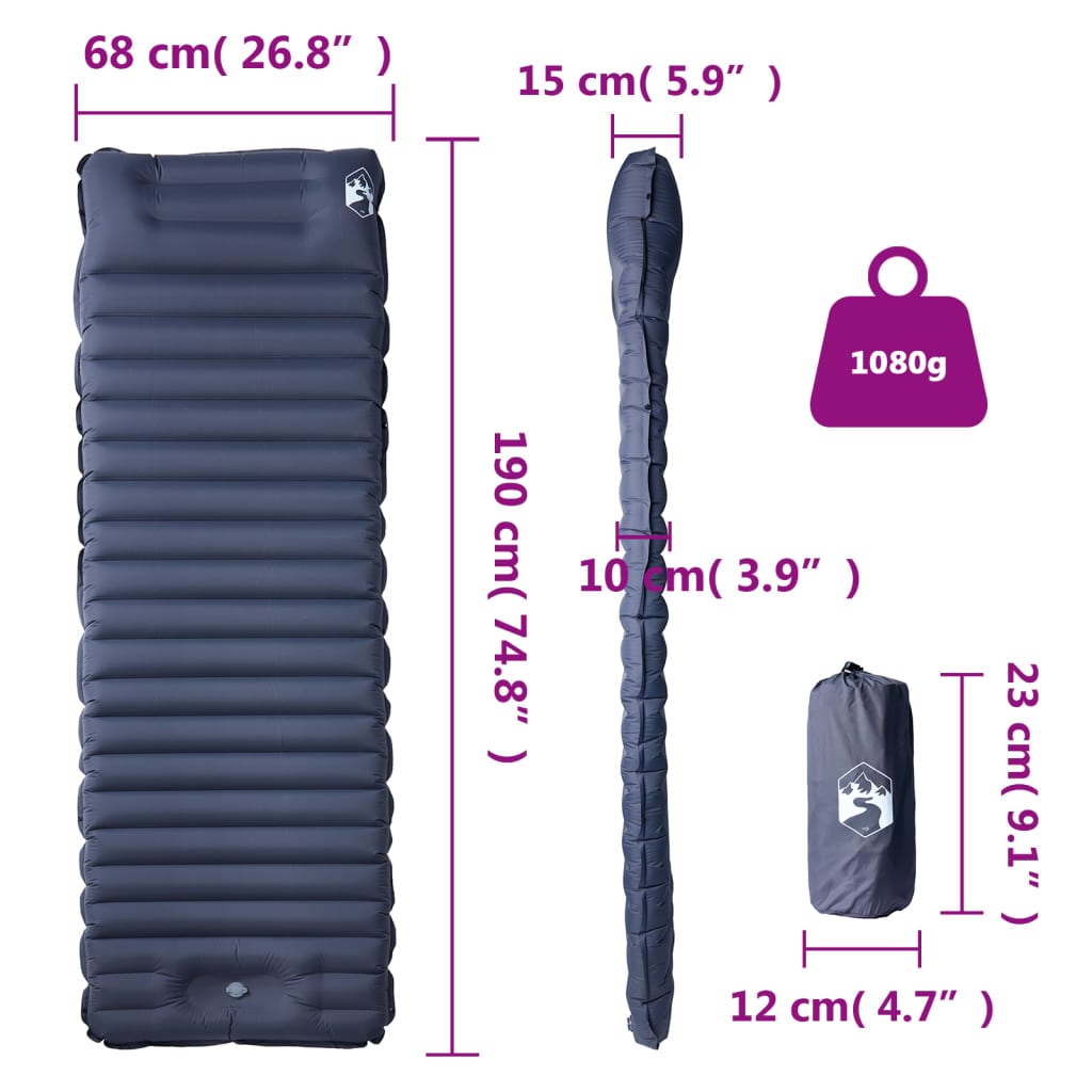 vidaXL Saltea de camping auto-gonflabilă, cu pernă, 1 persoană, gri