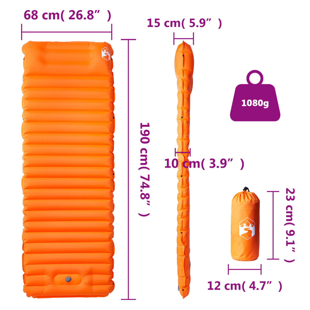 vidaXL Saltea camping auto-gonflabilă cu pernă, 1 persoană, portocaliu