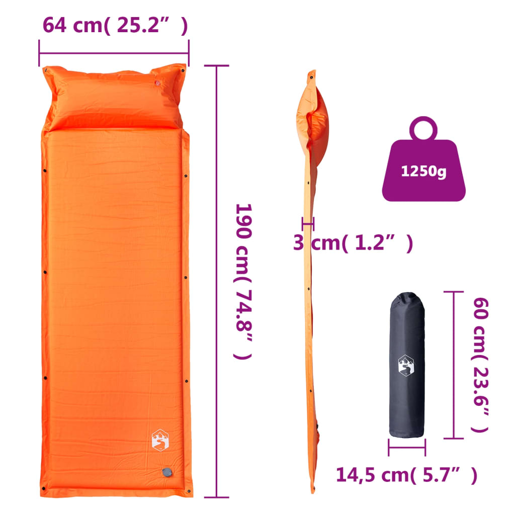 vidaXL Saltea camping auto-gonflabilă cu pernă, 1 persoană, portocaliu vidaXL Saltea camping auto-gonflabilă cu pernă, 1 persoană, portocaliu