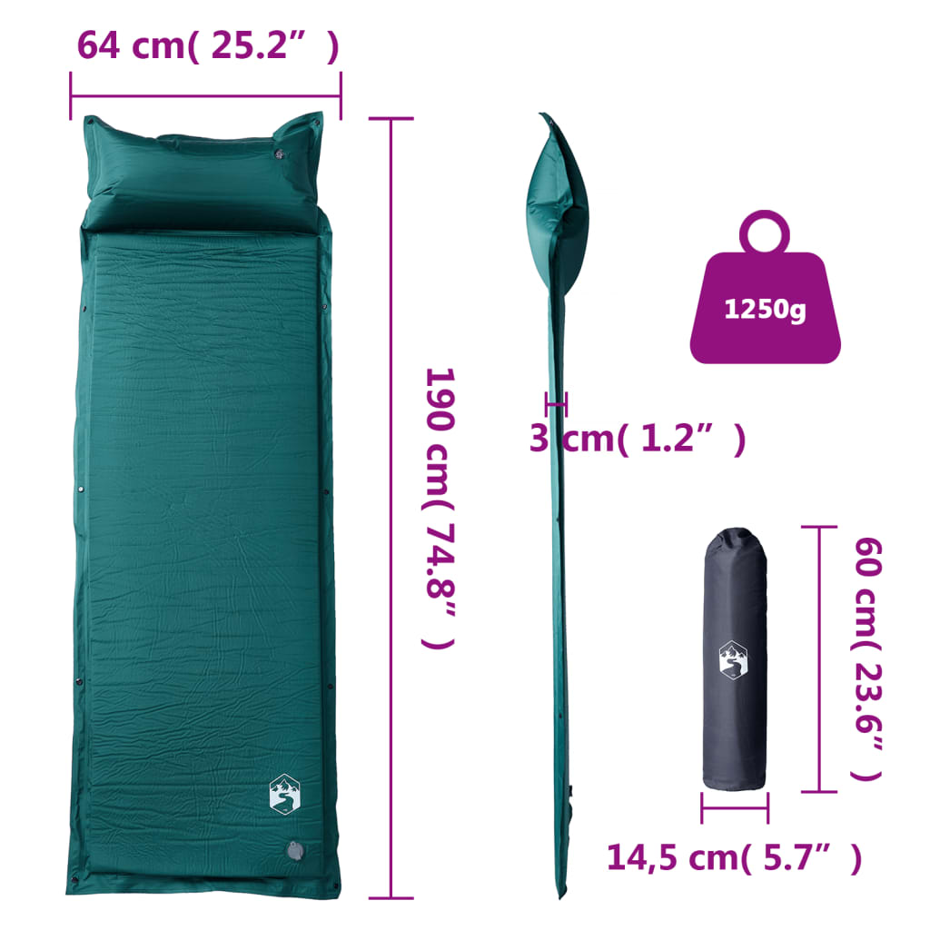 vidaXL Saltea camping auto-gonflabilă, cu pernă, 1 persoană, verde