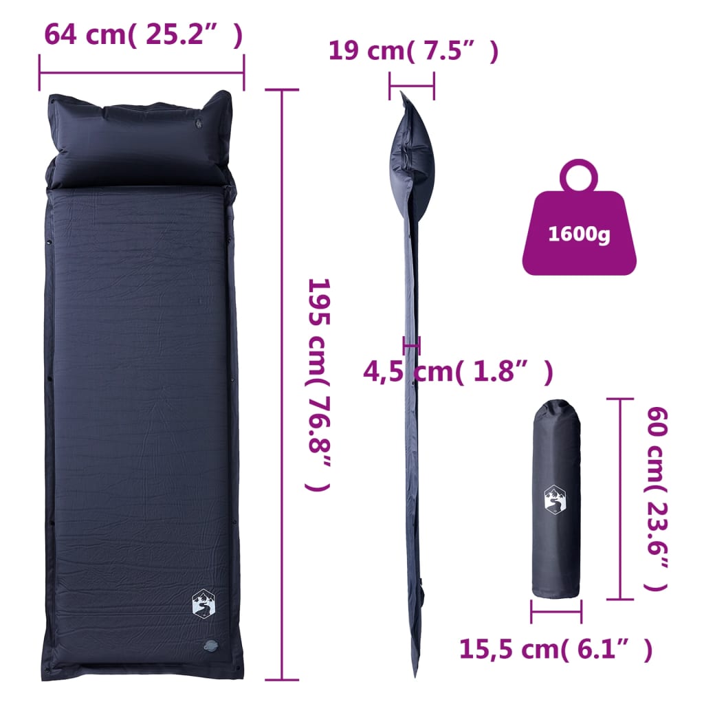 vidaXL Saltea de camping auto-gonflabilă, cu pernă, 1 persoană, gri