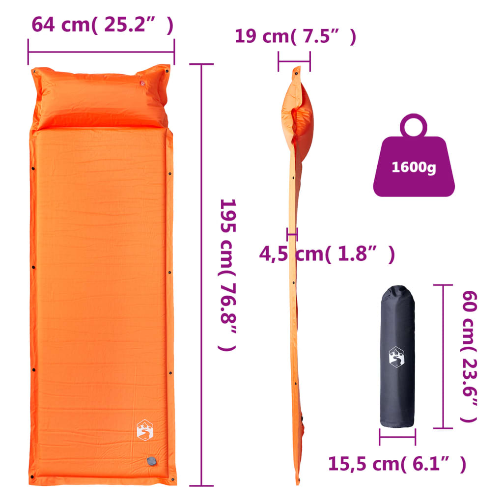 vidaXL Saltea camping auto-gonflabilă cu pernă, 1 persoană, portocaliu