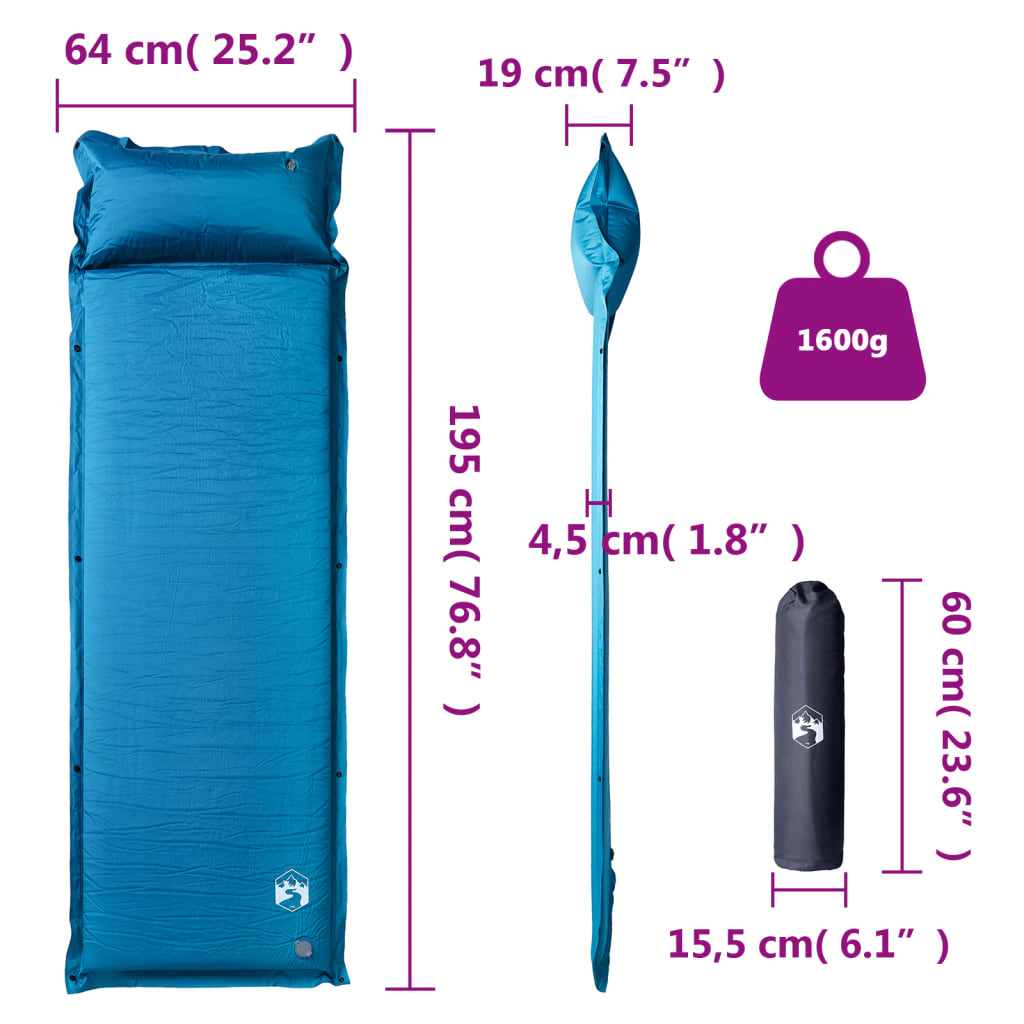 vidaXL Saltea de camping gonflabilă cu pernă, 1 persoană, turcoaz vidaXL Saltea de camping gonflabilă cu pernă, 1 persoană, turcoaz