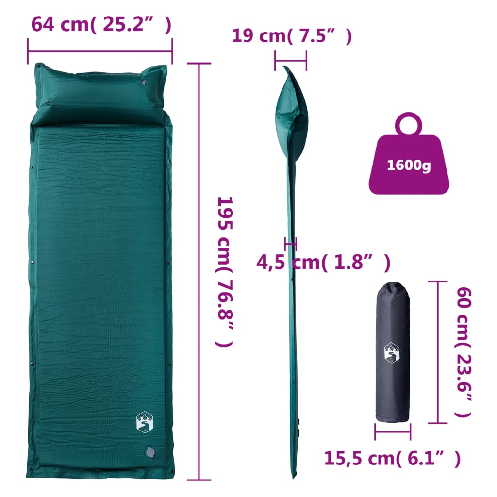 vidaXL Saltea camping auto-gonflabilă, cu pernă, 1 persoană, verde vidaXL Saltea camping auto-gonflabilă, cu pernă, 1 persoană, verde