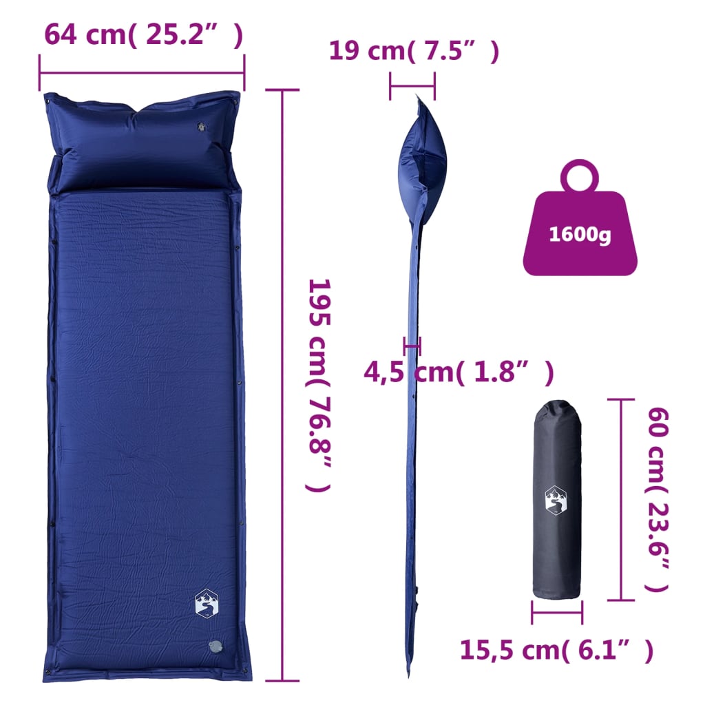 vidaXL Saltea de camping auto-gonflabilă cu pernă 1 persoană bleumarin vidaXL Saltea de camping auto-gonflabilă cu pernă 1 persoană bleumarin