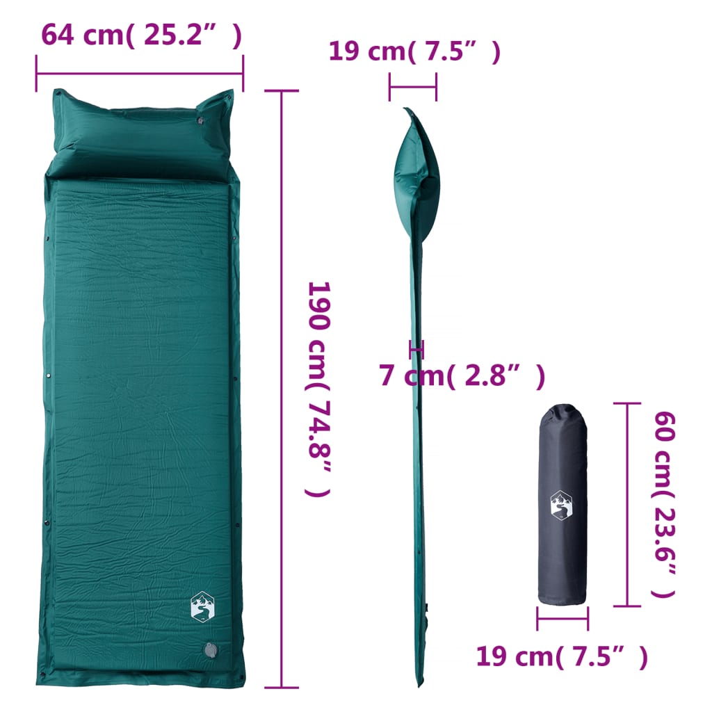 vidaXL Saltea camping auto-gonflabilă, cu pernă, 1 persoană, verde